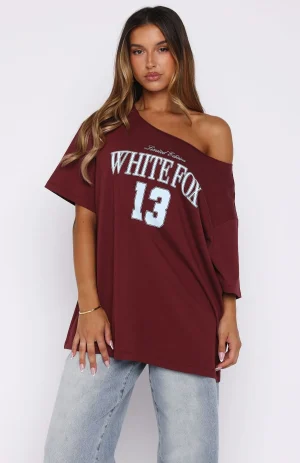 Everything In Time Off Shoulder Oversized Burgundy Tee-1