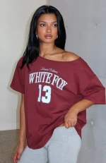 Everything In Time Off Shoulder Oversized Burgundy Tee