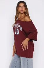 Everything In Time Off Shoulder Oversized Burgundy Tee-2