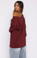 Everything In Time Off Shoulder Oversized Burgundy Tee-3