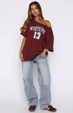 Everything In Time Off Shoulder Oversized Burgundy Tee-4