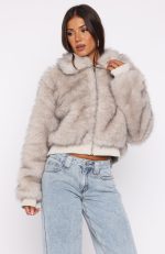 Glacial Chic Fur Bomber Jacket Smokey Taupe-2