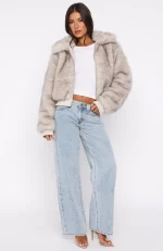 Glacial Chic Fur Bomber Jacket Smokey Taupe-4