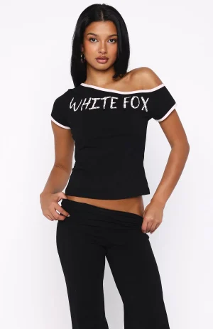 Good Things Take Time Off Shoulder Relaxed Black Tee-1