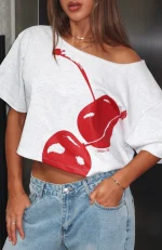 Just In Time Off Shoulder Cropped Grey Marle Tee