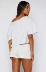 Just In Time Off Shoulder Cropped Grey Marle Tee-3