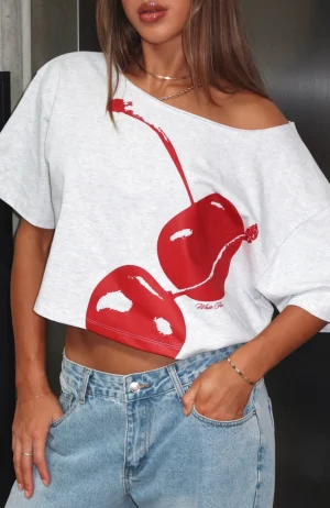 Just In Time Off Shoulder Cropped Grey Marle Tee