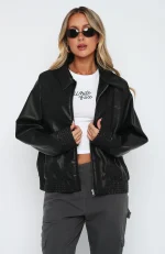 Make Things Right PU Bomber Jacket Black-4