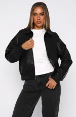 Might Cause Trouble PU Bomber Jacket Black-1