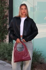 Might Cause Trouble PU Bomber Jacket Black