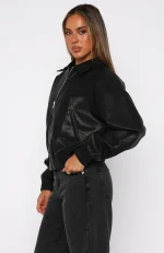 Might Cause Trouble PU Bomber Jacket Black-2