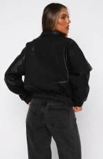 Might Cause Trouble PU Bomber Jacket Black-3