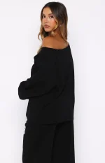 Only One Left Off Shoulder Oversized Long Sleeve Black Tee-4