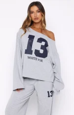 Only One Left Off Shoulder Oversized Long Sleeve Grey Marle Tee