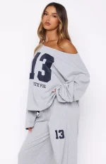 Only One Left Off Shoulder Oversized Long Sleeve Grey Marle Tee-2