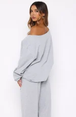 Only One Left Off Shoulder Oversized Long Sleeve Grey Marle Tee-3