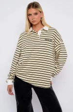 Out Again Long Sleeve Rugby Cream-Olive Stripe Shirt-1