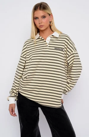 Out Again Long Sleeve Rugby Cream-Olive Stripe Shirt-1