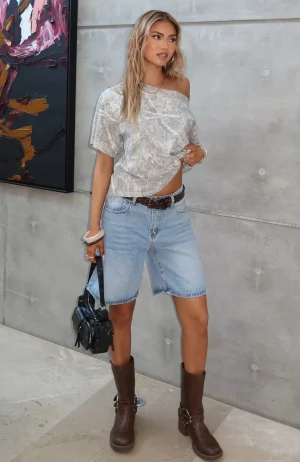 Travel The World Off Shoulder Oversized Light Camo Tee