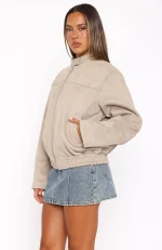 Watchin' Out Faux Suede Bomber Jacket Sand-2