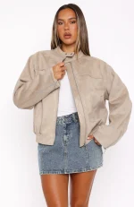 Watchin' Out Faux Suede Bomber Jacket Sand-4
