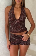 Wish I Didn't Care Beaded Chocolate Short-1
